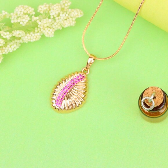 "Rose Gold Textured Pendant with Pink Stone Accent in Leaf Design, XPPT1490 - Picture 13 of 13